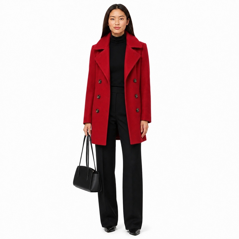 Anne Klein Scarlet Red Sculpted Double Breasted Military Peacoat Fitted Coat S